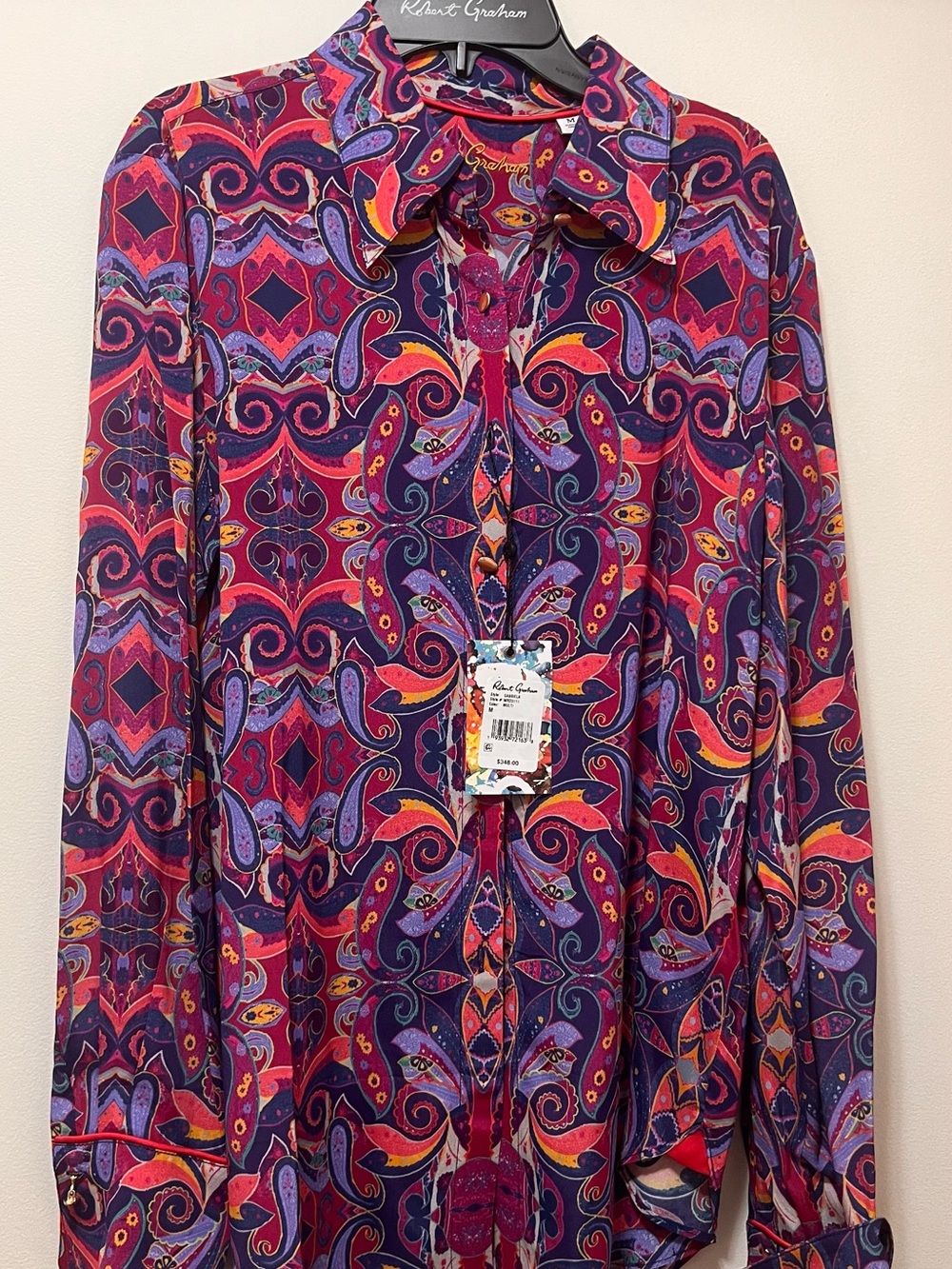 Robert Graham Purple Paisley Button-Up Blouse with Red and Orange Accents - Picture 1 of 5